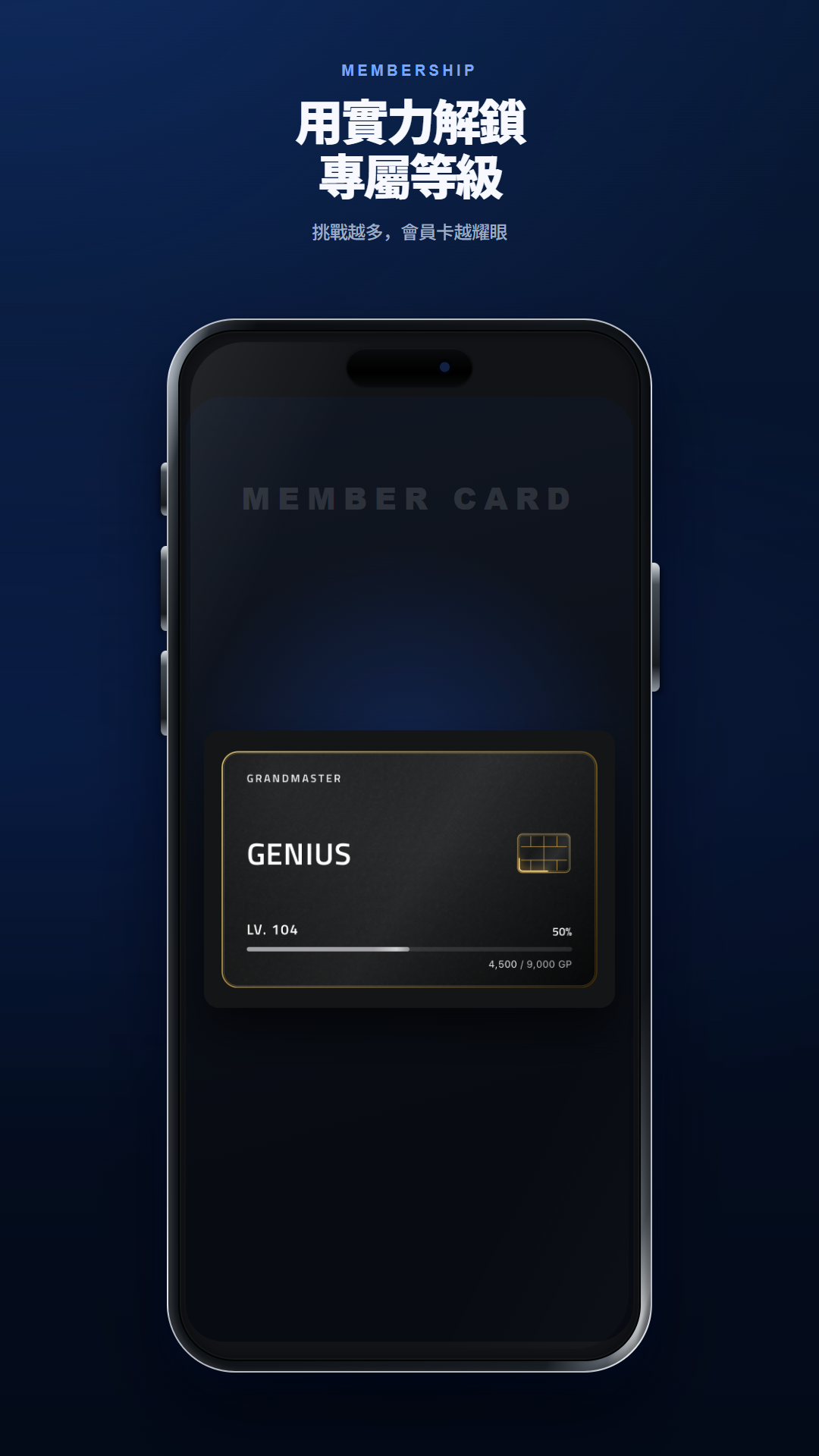 顯示玩家進度的 Geniot 宗師會員卡